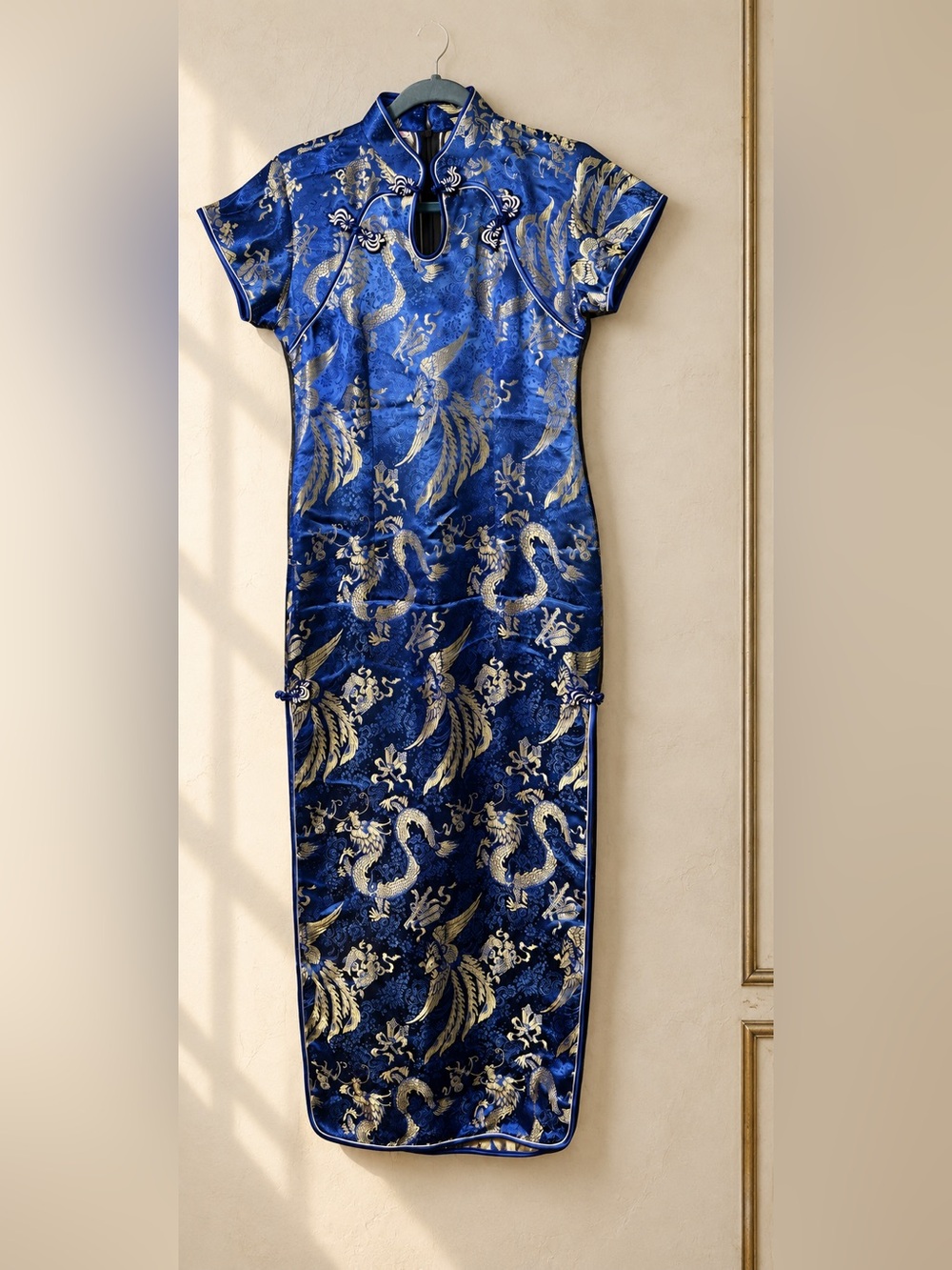 Blue Gold Dragon Phoenix Brocade Qipao Cheongsam Maxi Dress M
